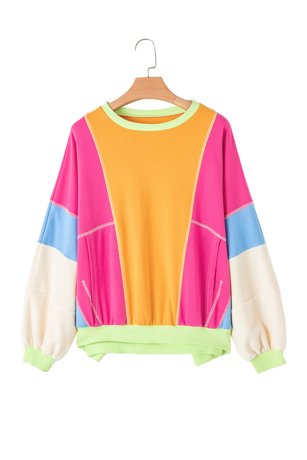 Dark Green Colorblock Patchwork Exposed Stitching Oversize Top