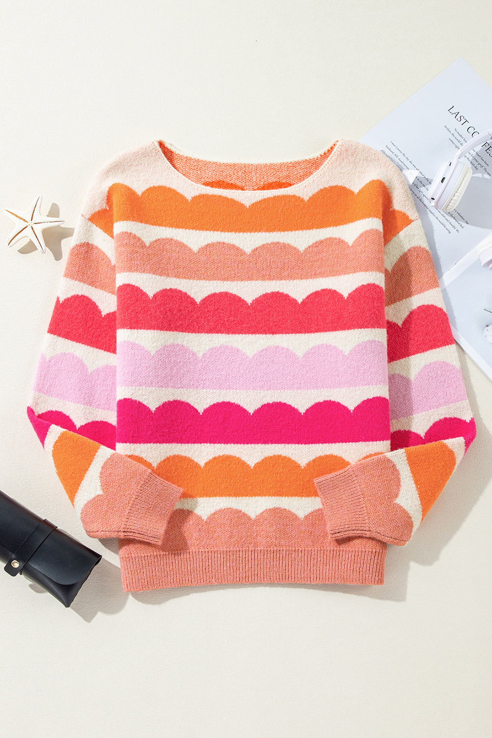 Gray Wave Striped Balloon Sleeve Drop Shoulder Sweater