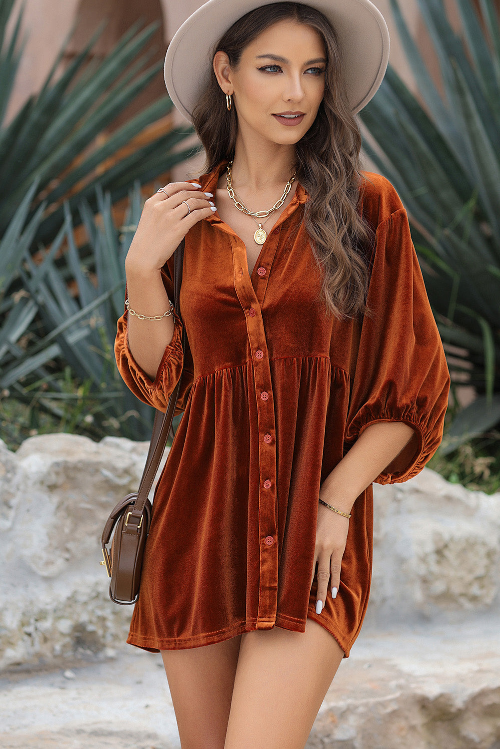 Pale Khaki 3/4 Sleeve Tunic Babydoll Velvet Shirt