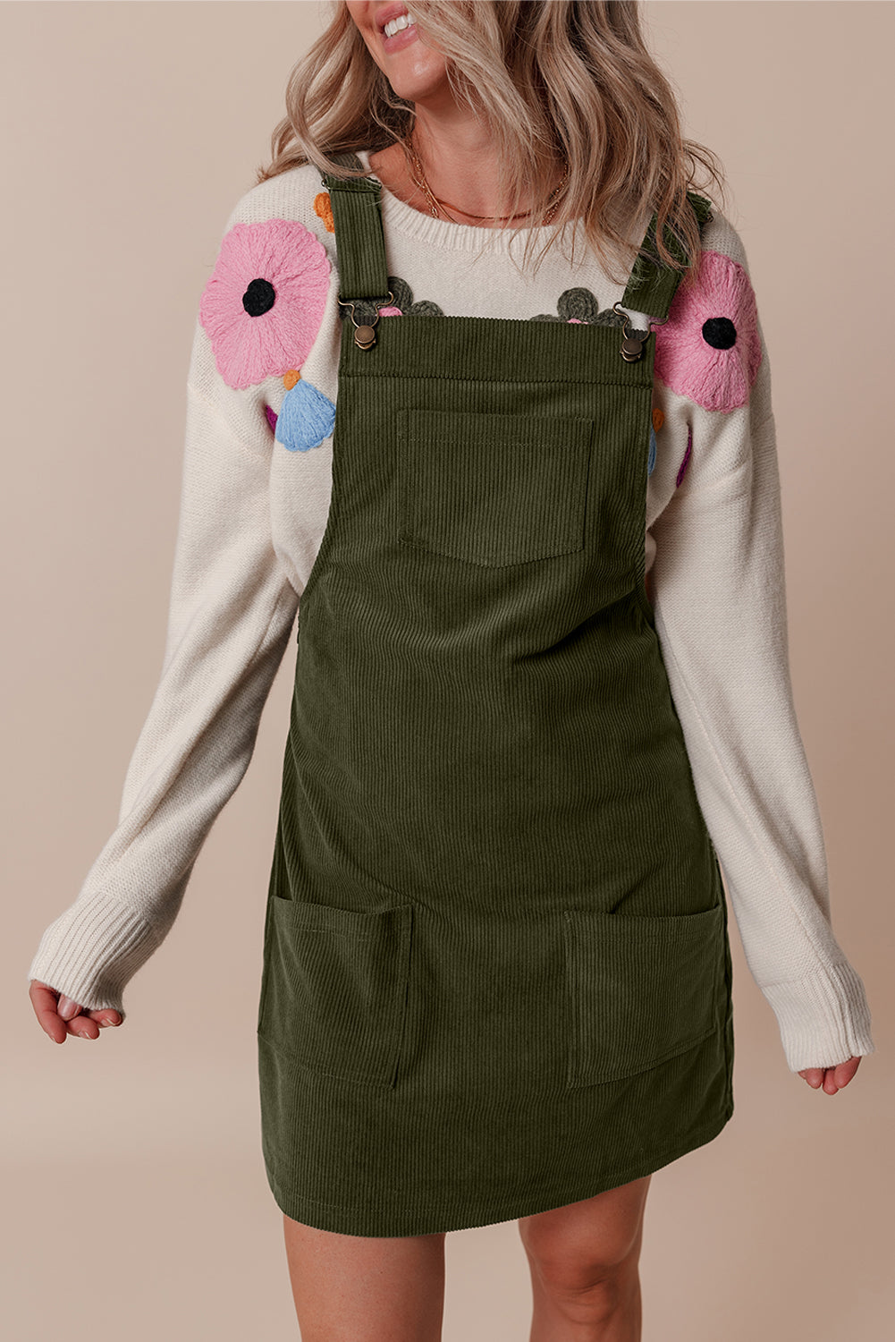 Black Solid Front Pockets Sleeveless Corduroy Overall Dress
