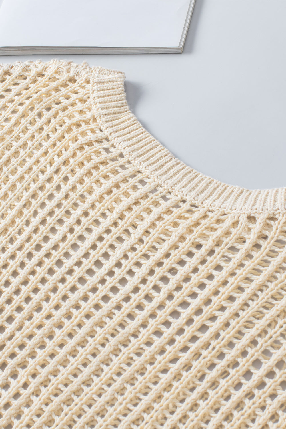 Black Fishnet Knit Ribbed Round Neck Short Sleeve Sweater Tee