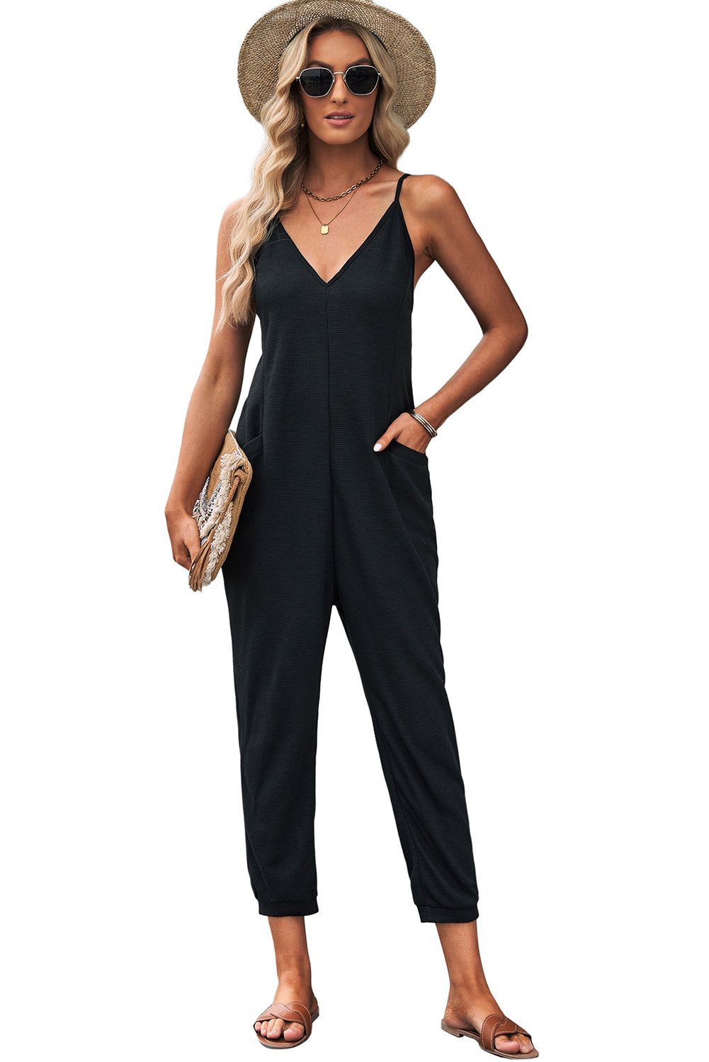 Gray Textured Sleeveless V-Neck Pocketed Casual Jumpsuit