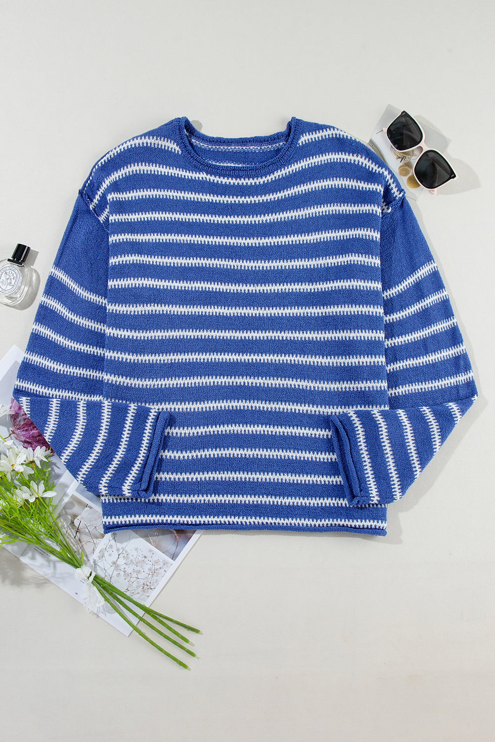 Khaki Stripe Drop Shoulder Casual Sweater