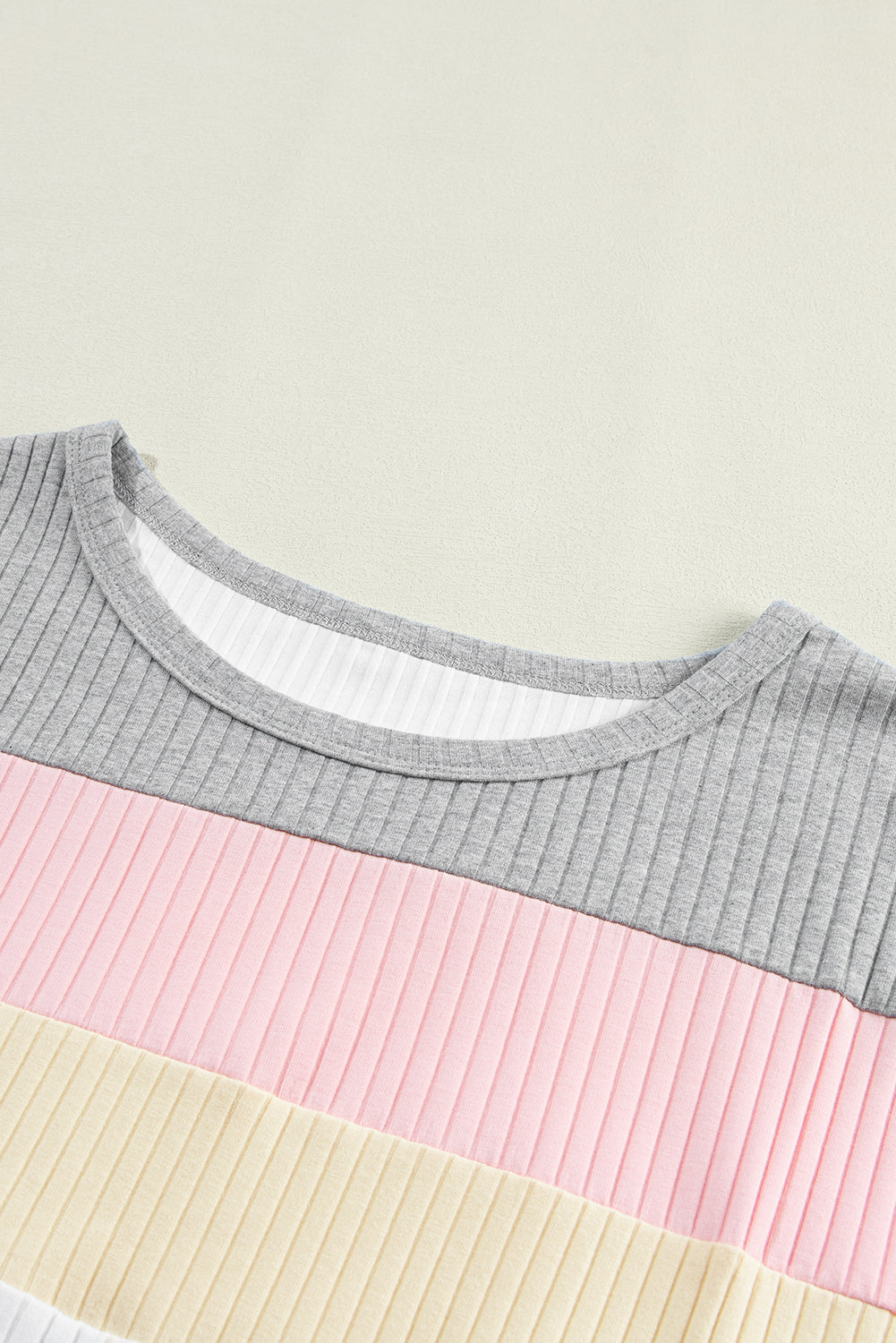 Gray Ribbed Color Block Patchwork T-shirt
