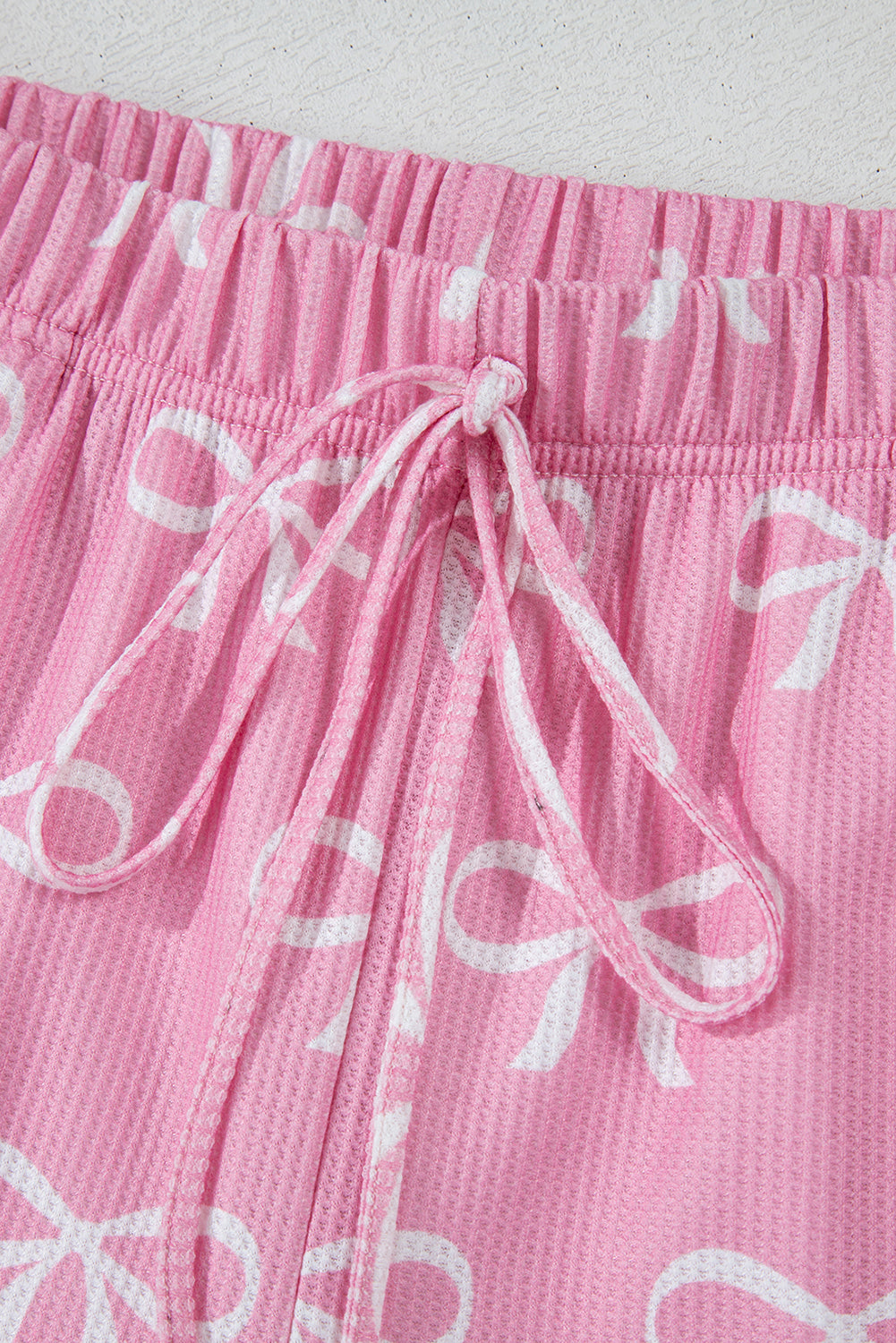 Pink Waffle Knit Bowknot Printed V Neck T Shirt and Shorts Set