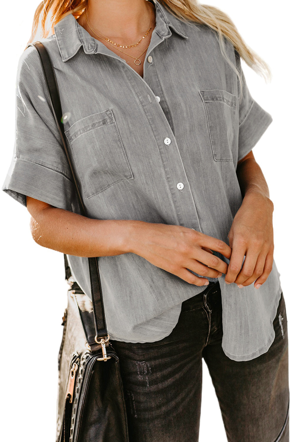 Green Turn-down Collar Short Sleeve Denim Shirt