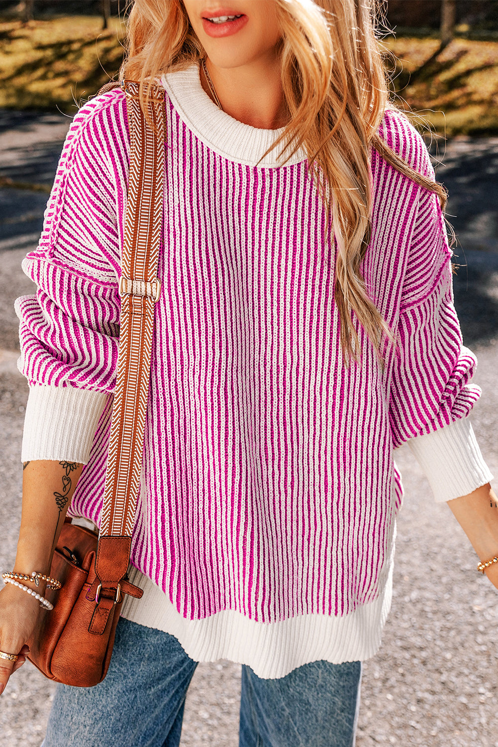 Dark Blue Striped Textured Knit Contrast Edge Loose Sweater