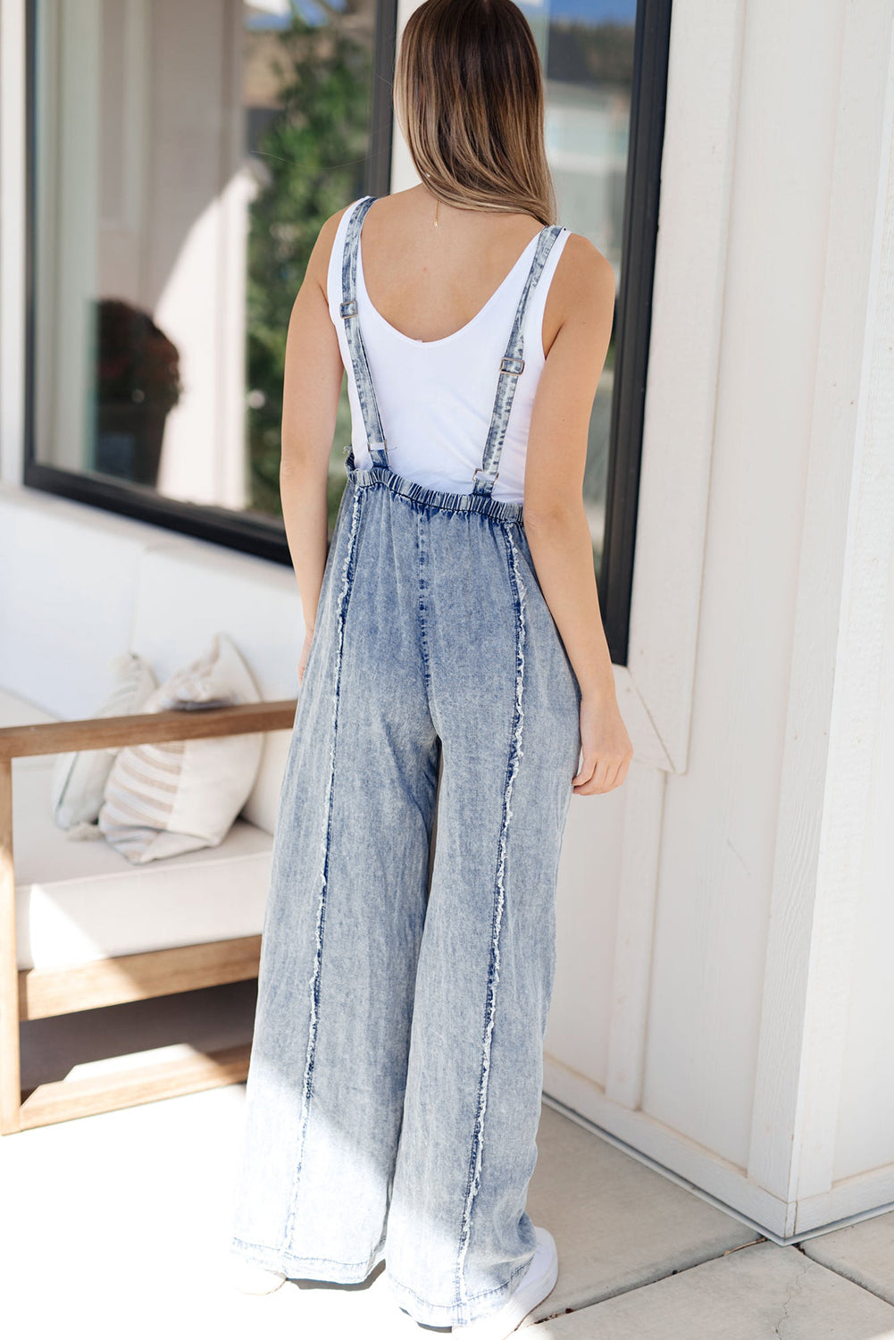 Dark Grey Light Wash Frayed Exposed Seam Wide Leg Denim Overall