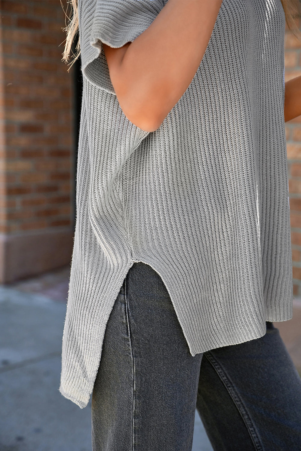Haze Blue Short Sleeve Side Slit Oversized Sweater