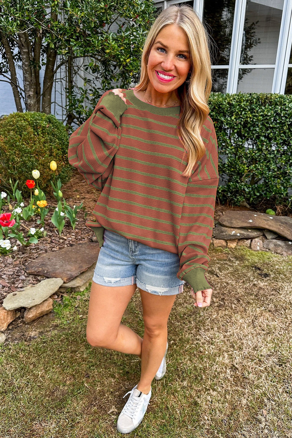 Pink Stripe Trimmed Round Neck Drop Shoulder Loose Sweater