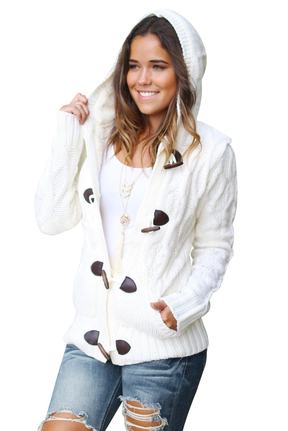 Fur Hood Horn Button Sweater Cardigan