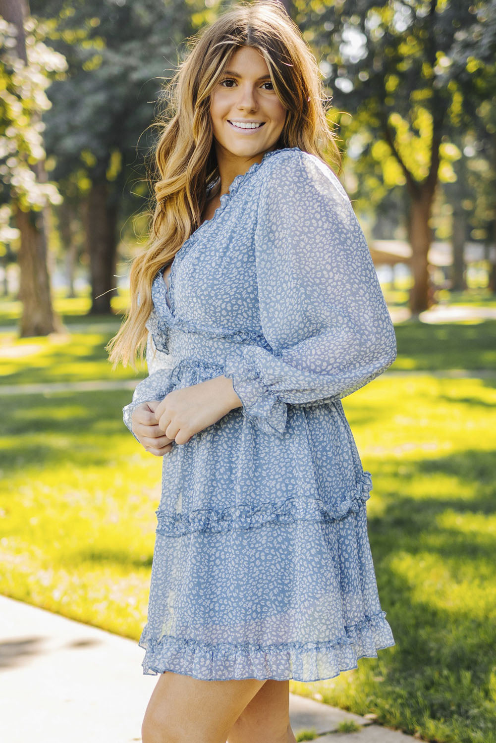 Blue Ruffle Detailing Open Back Floral Dress