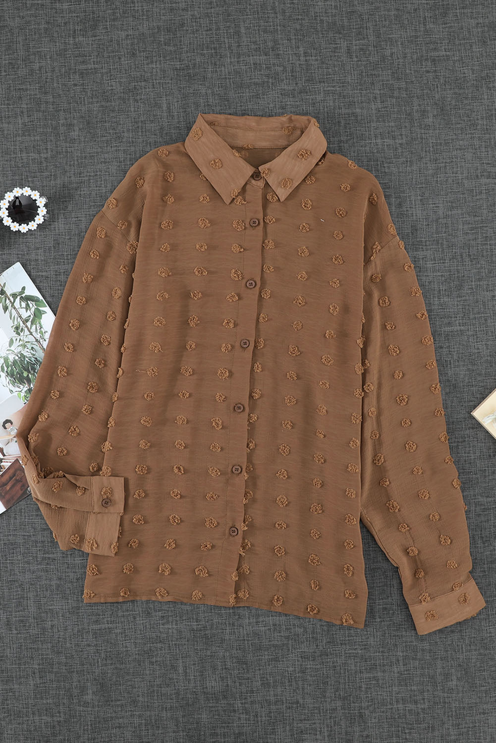 Gray Long Sleeve Button Fuzzy Polka Dot Shirt