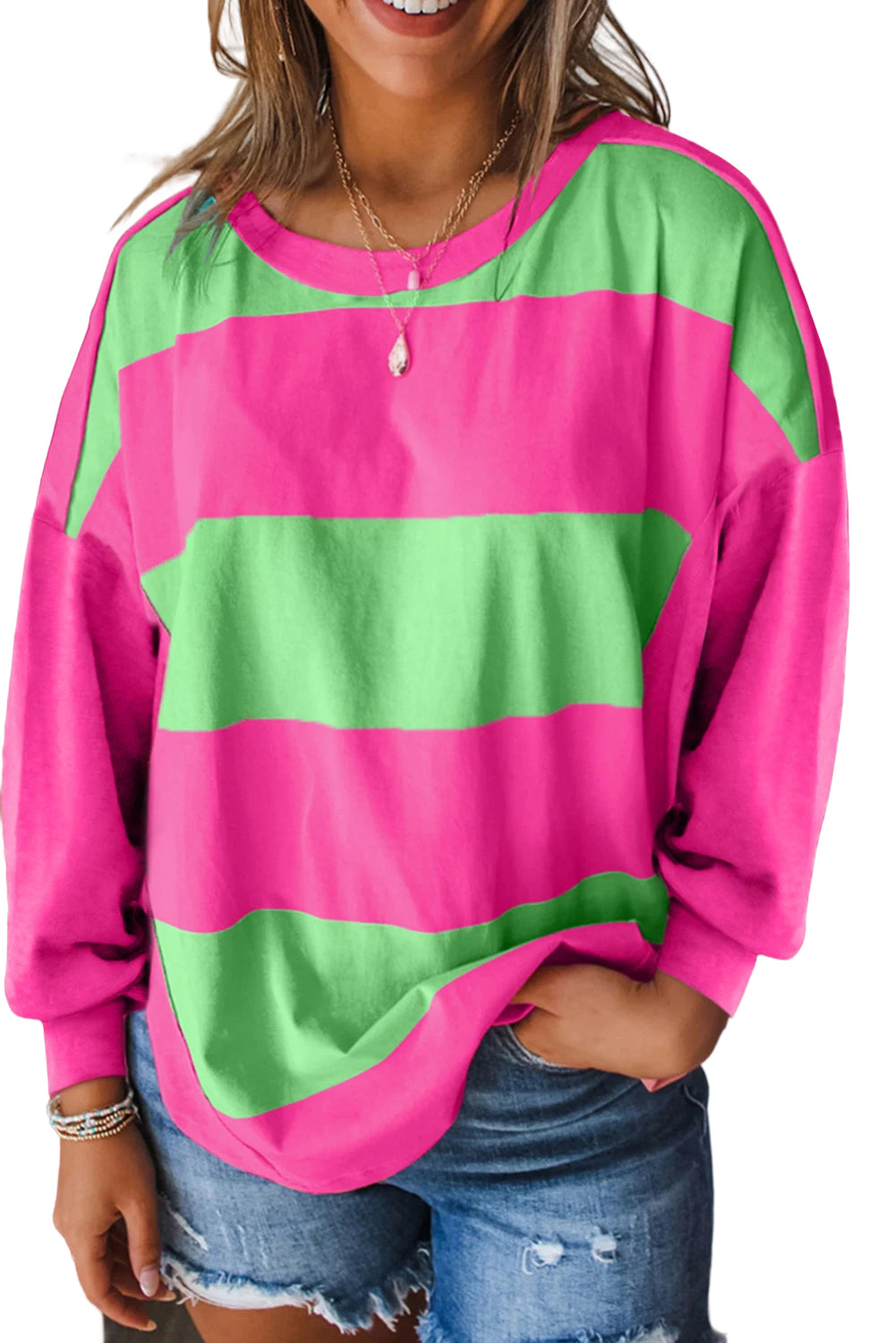 Blue Colorblock Striped Drop Shoulder Loose Top