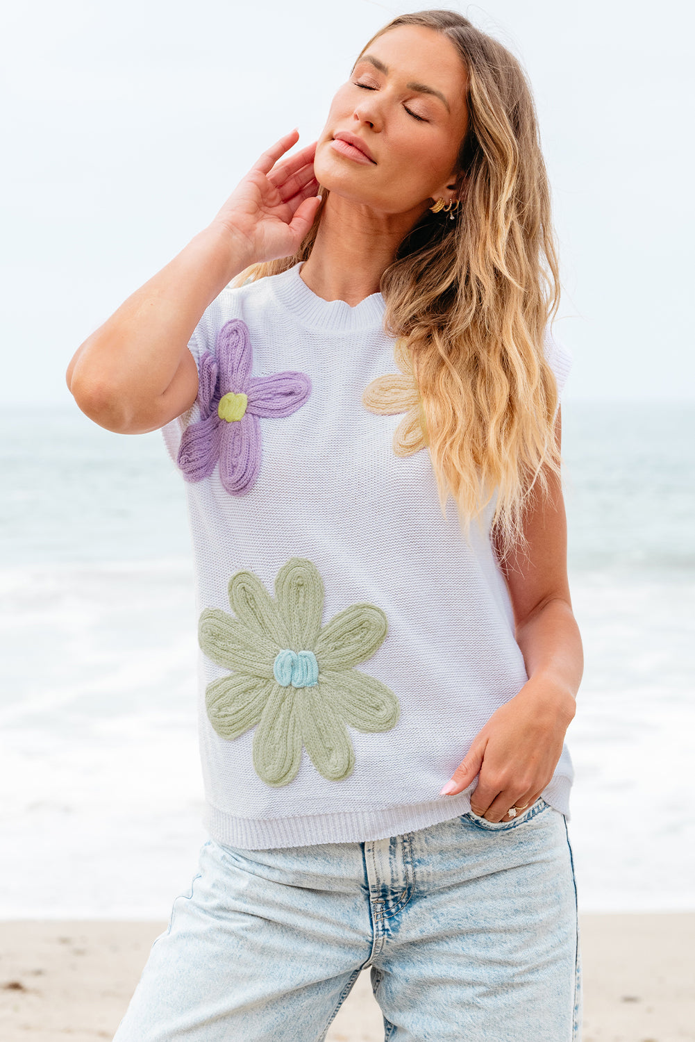 Pink Multi Crochet Flower Knit Short Sleeve Sweater Top