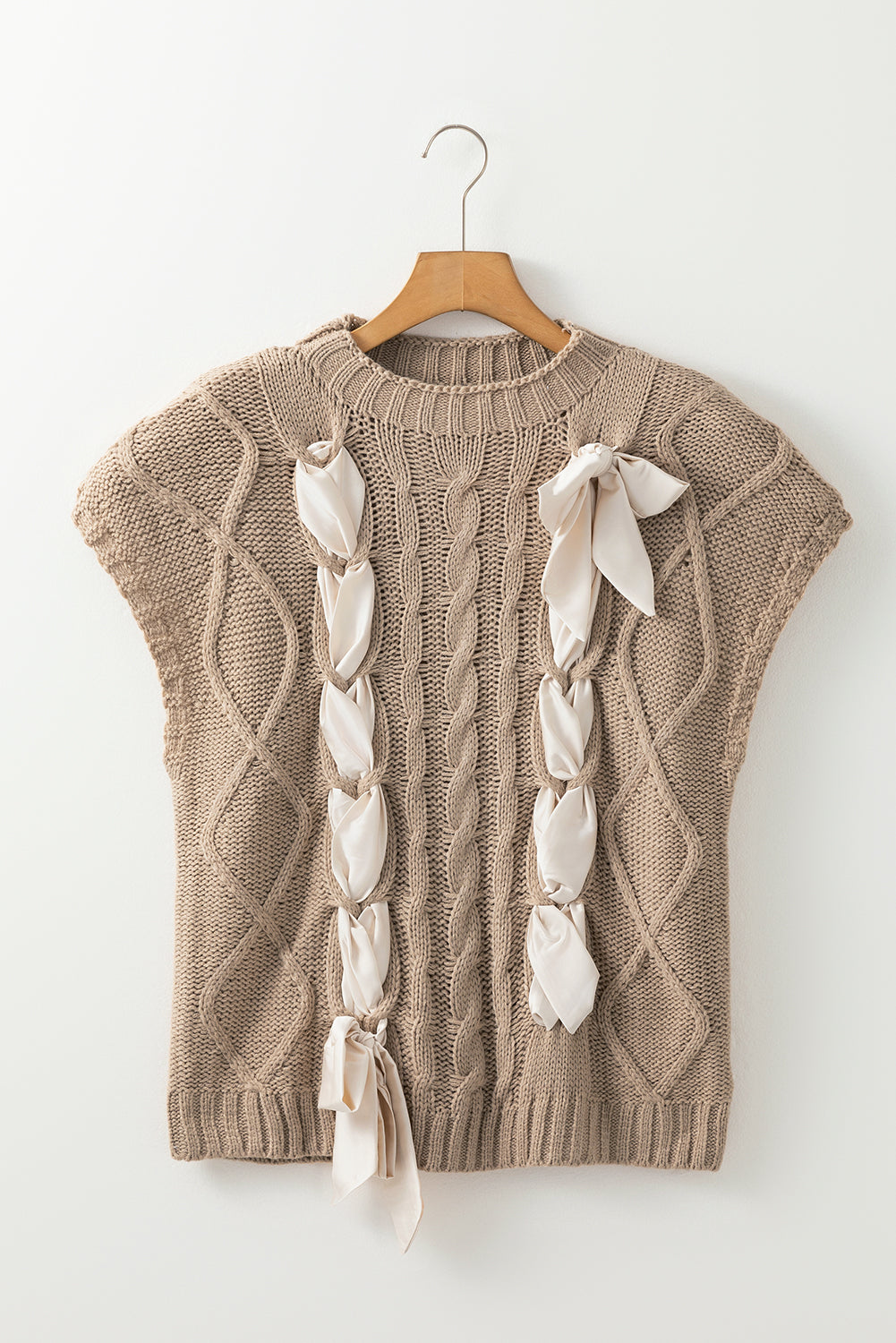 Black Cable Knit Colorblock Satin Bowknot Short Sleeve Sweater