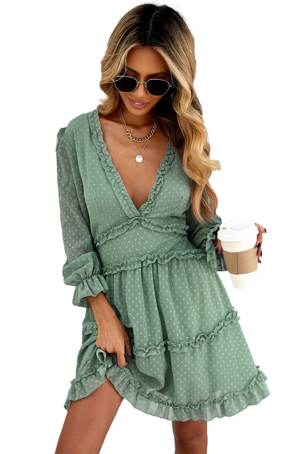 Pink Layered Ruffled Open Back Puff Sleeve Swiss Dot Mini Dress
