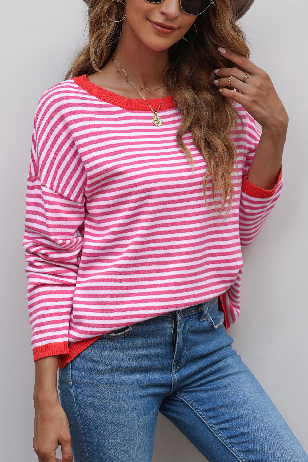 Fiery Red Contrast Trimmed Striped Drop Shoulder Sweater