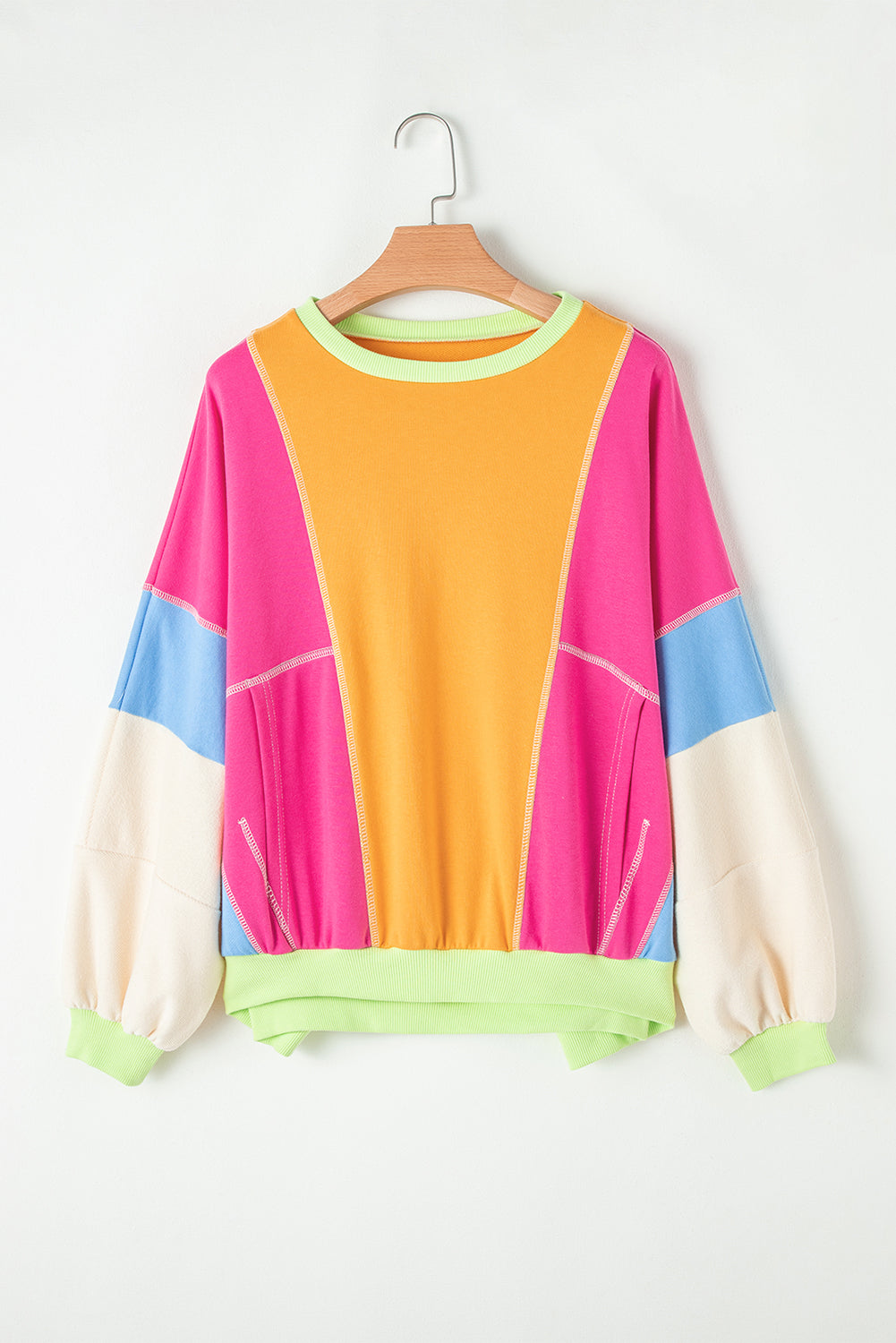 Dark Green Colorblock Patchwork Exposed Stitching Oversize Top