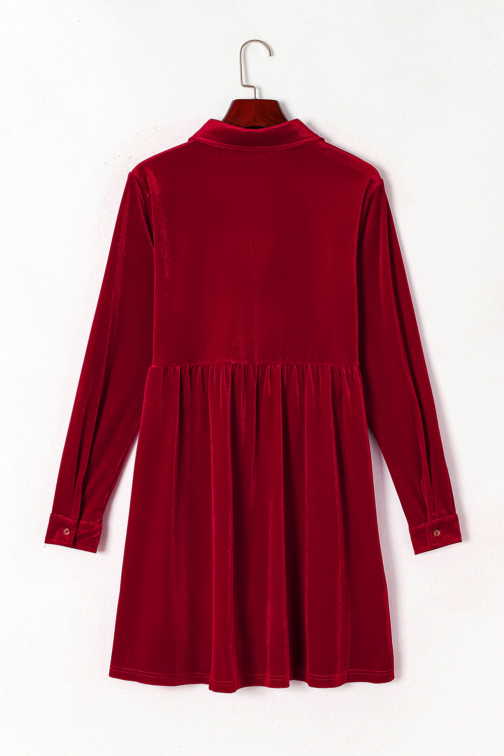 Green Long Sleeve Ruffle Velvet Button Up Dress
