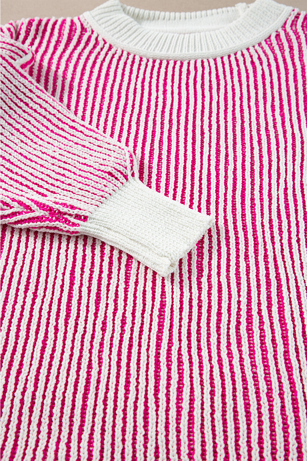 Dark Blue Striped Textured Knit Contrast Edge Loose Sweater