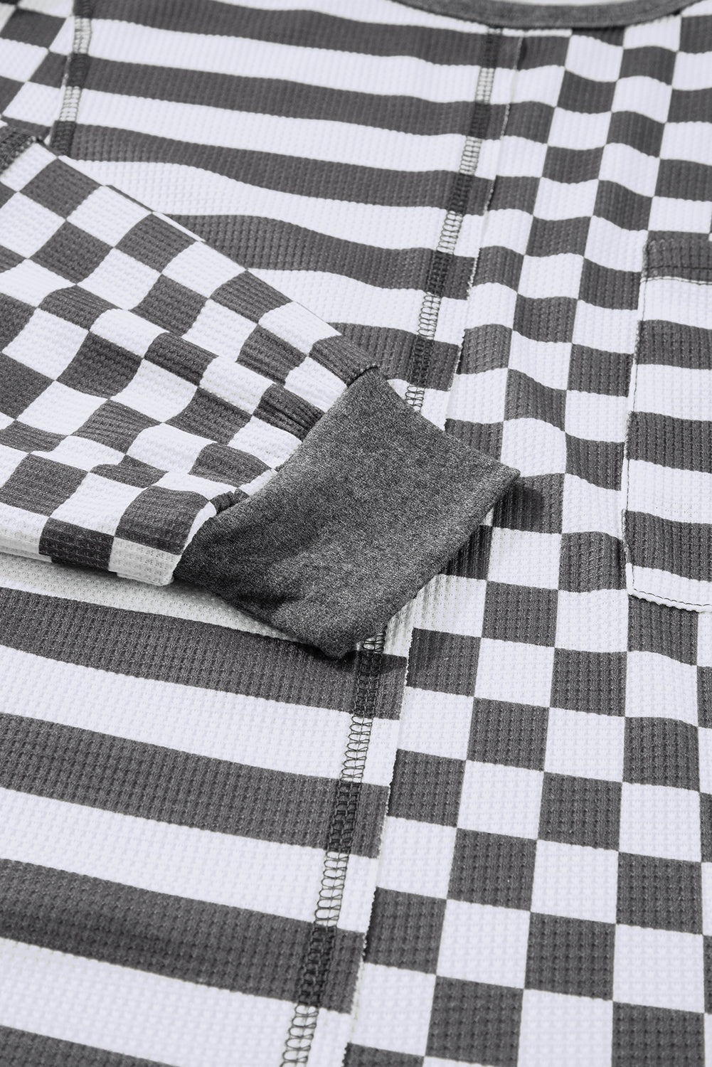 Rose Red Checkerboard Striped Patchwork Lantern Sleeve Pocketed Blouse