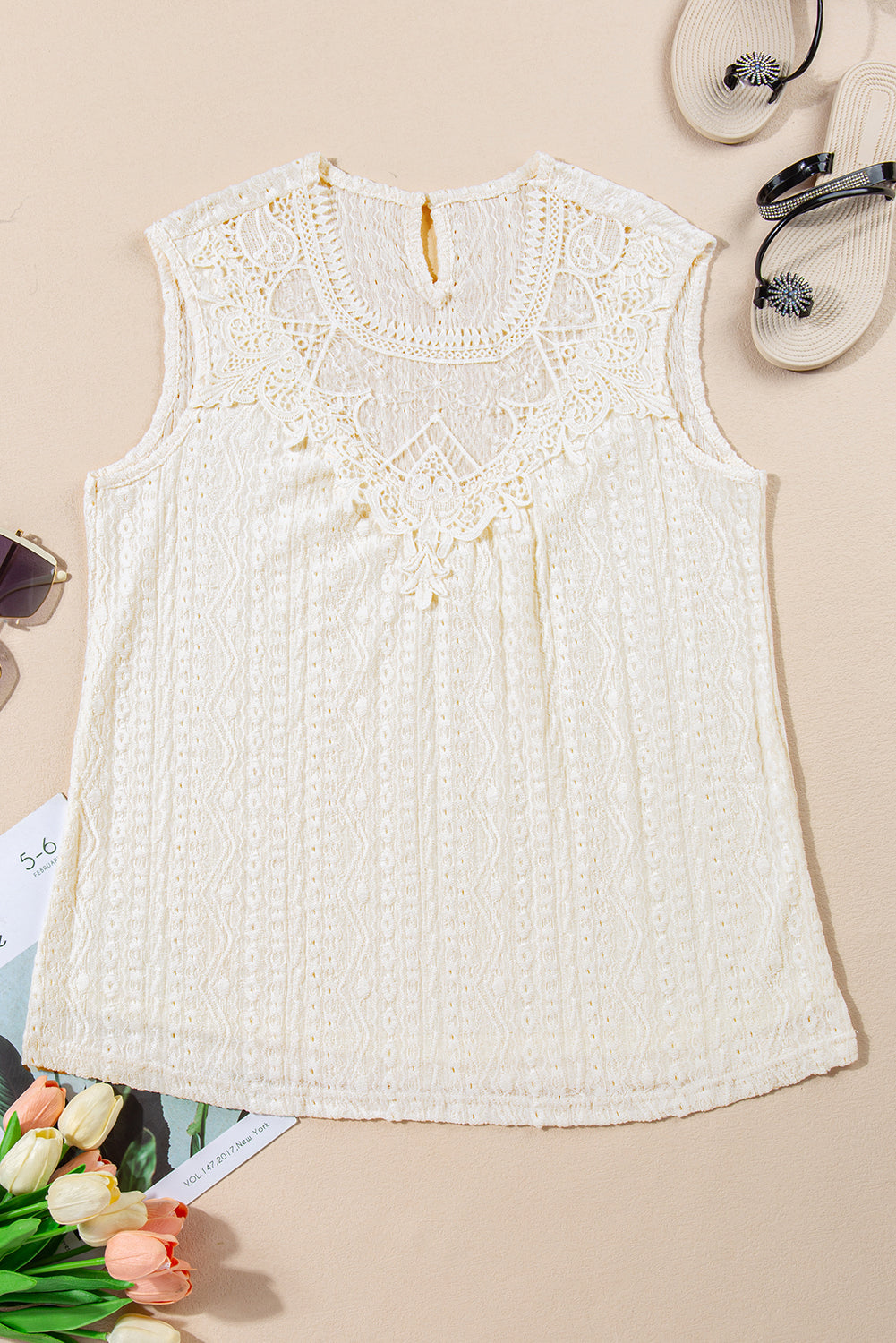 Black Guipure Lace Crochet Keyhole Back Tank Top