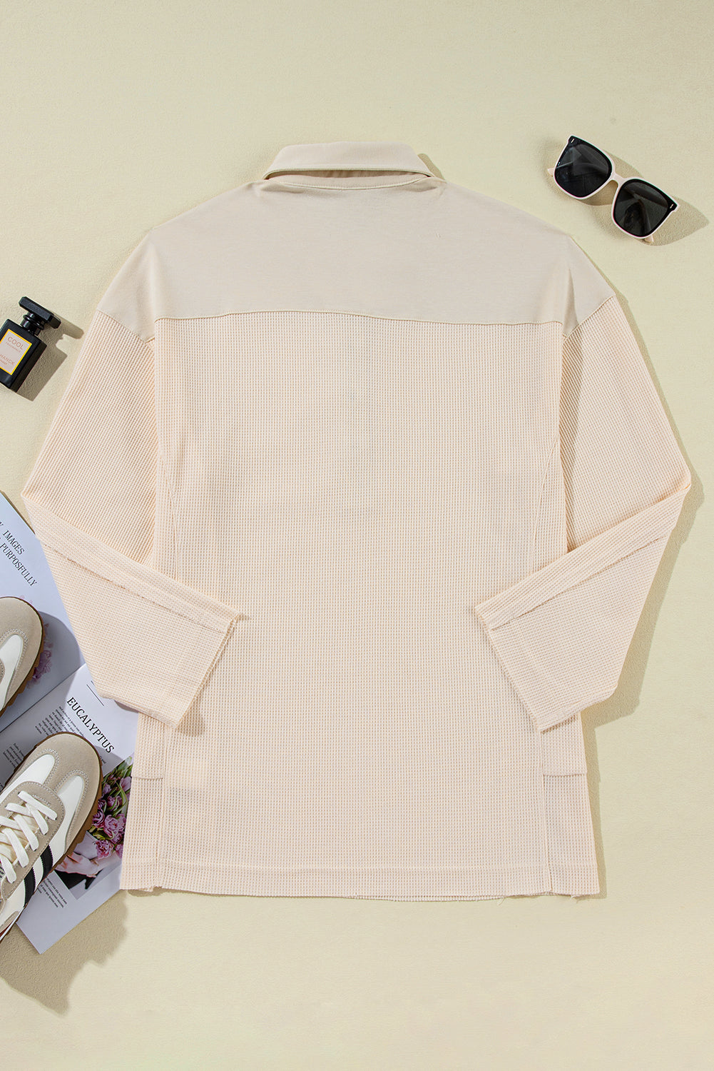 Smoke Green Waffle Long Sleeve Collar Half Button Loose Top