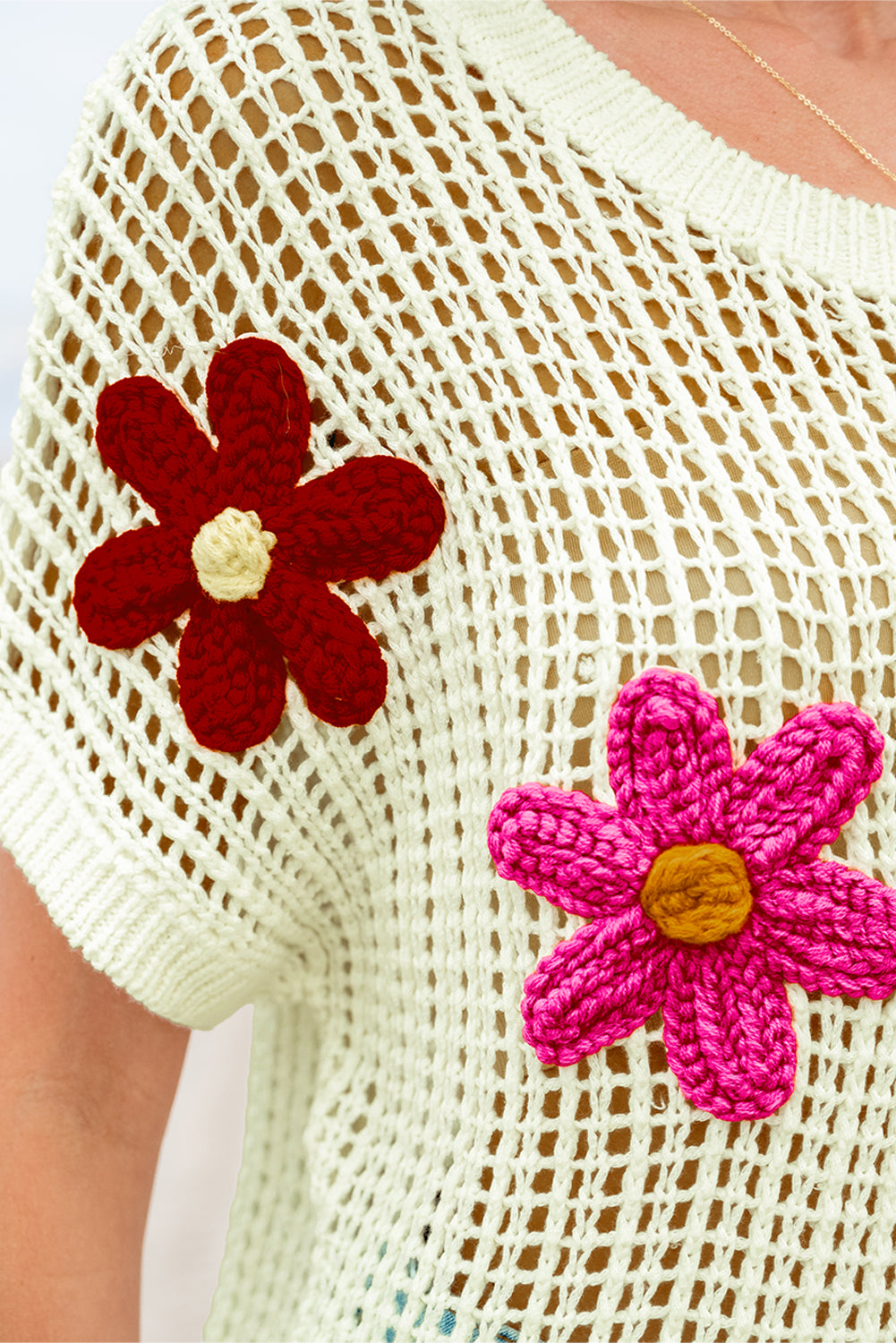 Light French Beige Crochet Flower Hollow-out Sweater T Shirt
