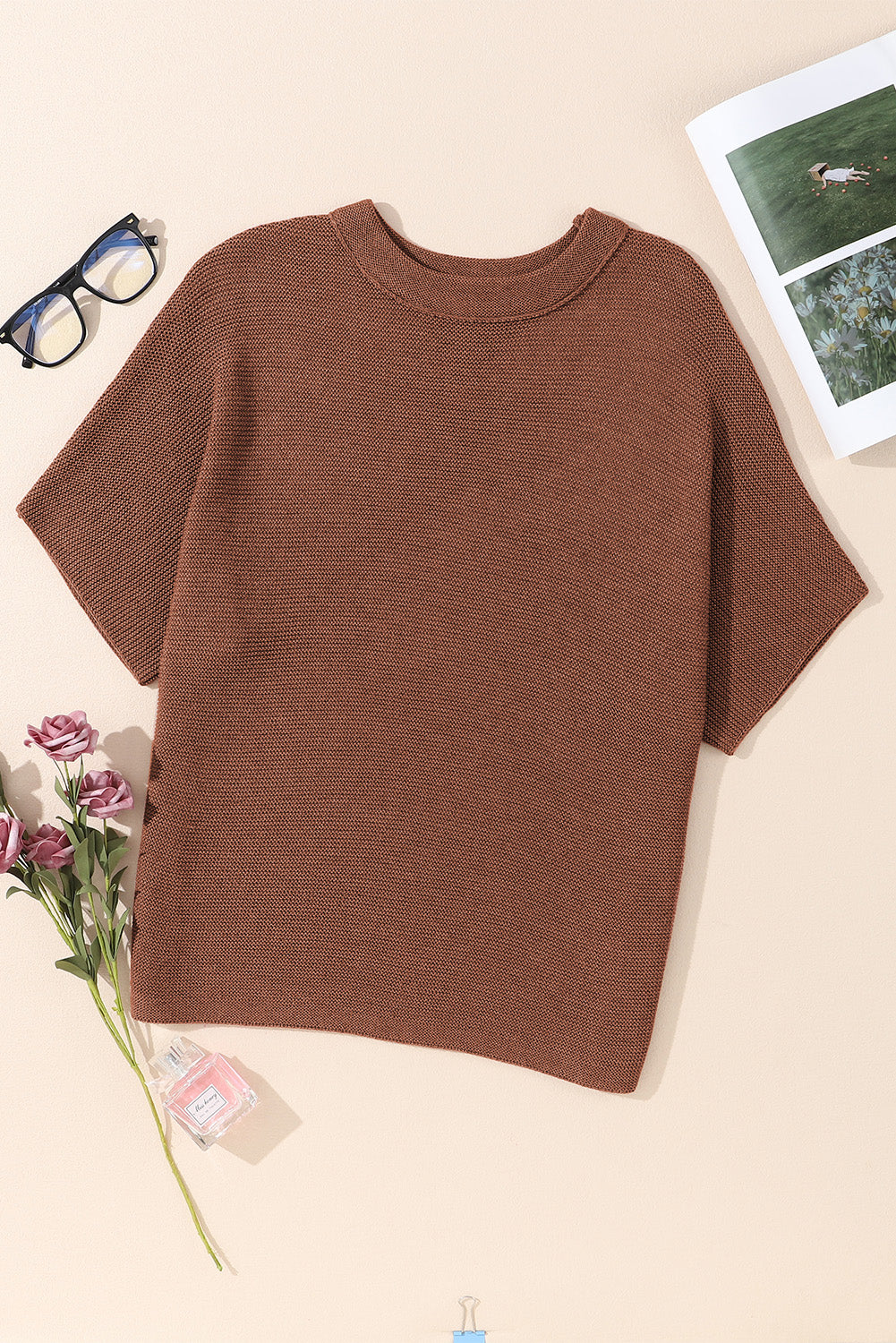Medium Grey High Neck Short Bat Sleeve Sweater