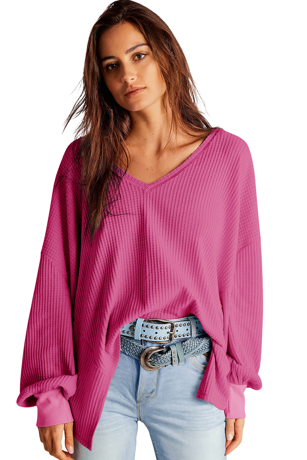 Orchid Petal Waffle V Neck Long Sleeve Drop Shoulder Loose Blouse