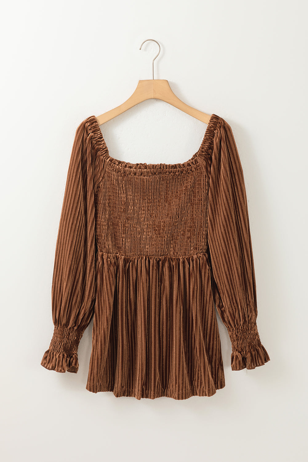 Blackish Green Smocked Ribbed Velvet Babydoll Top