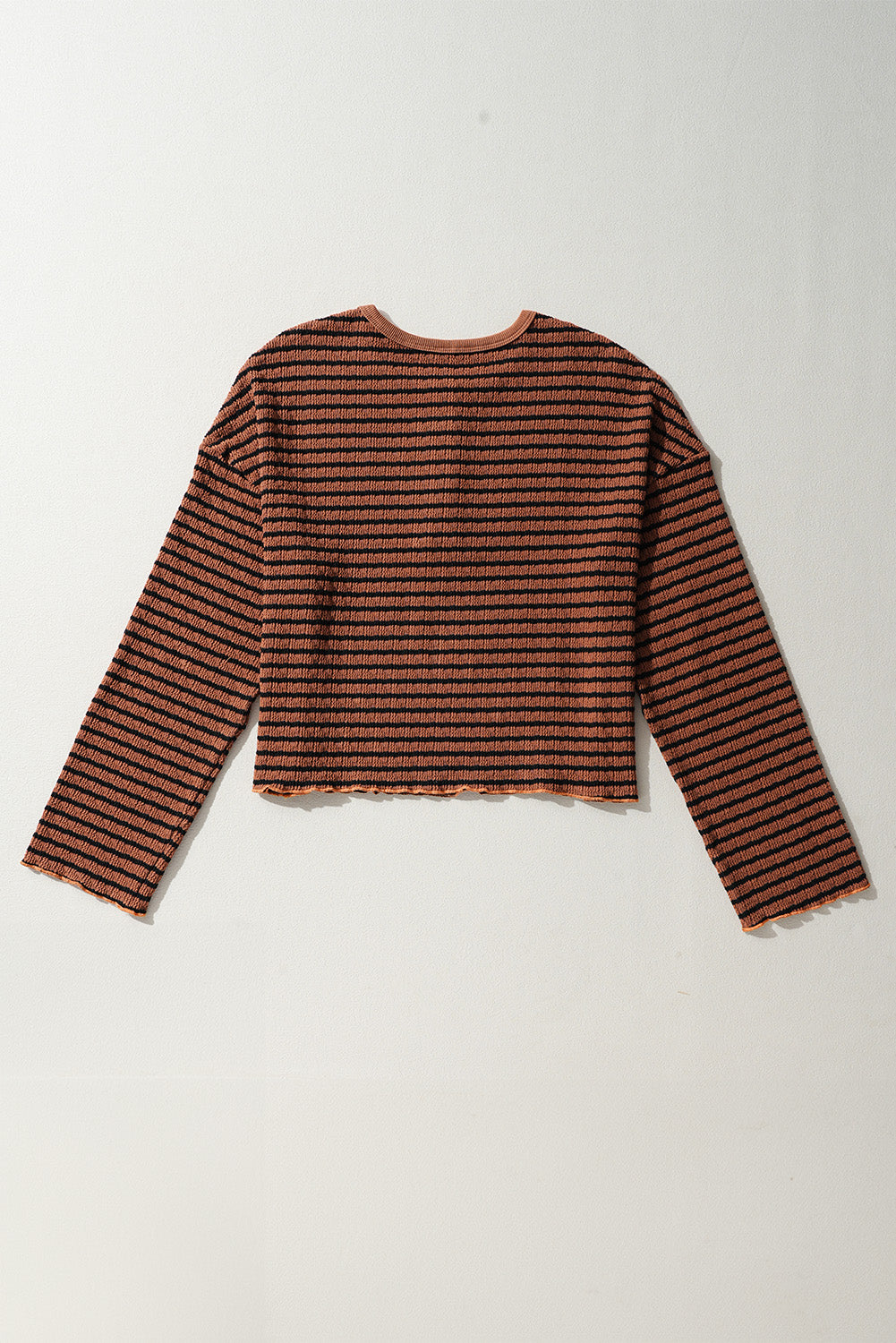 Green Stripe Textured Frilly Trim Buttons Henley Long Sleeve Top
