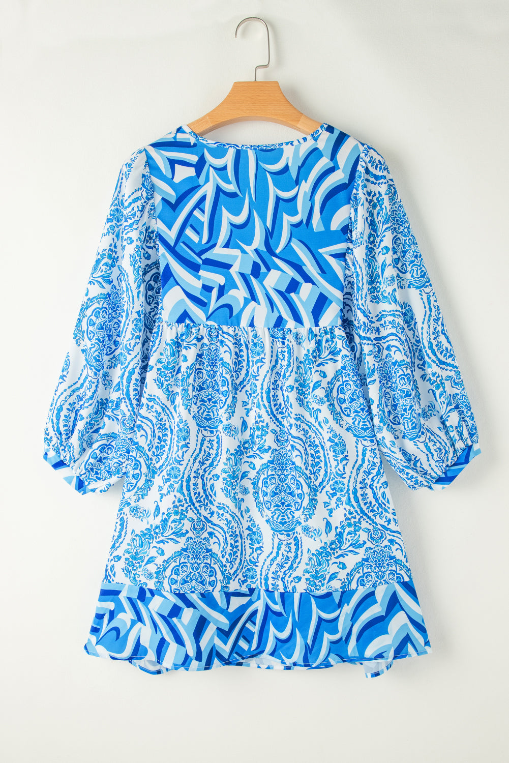 Orange Bohemian Print Puff Sleeve Tied V Neck Flared Mini Dress