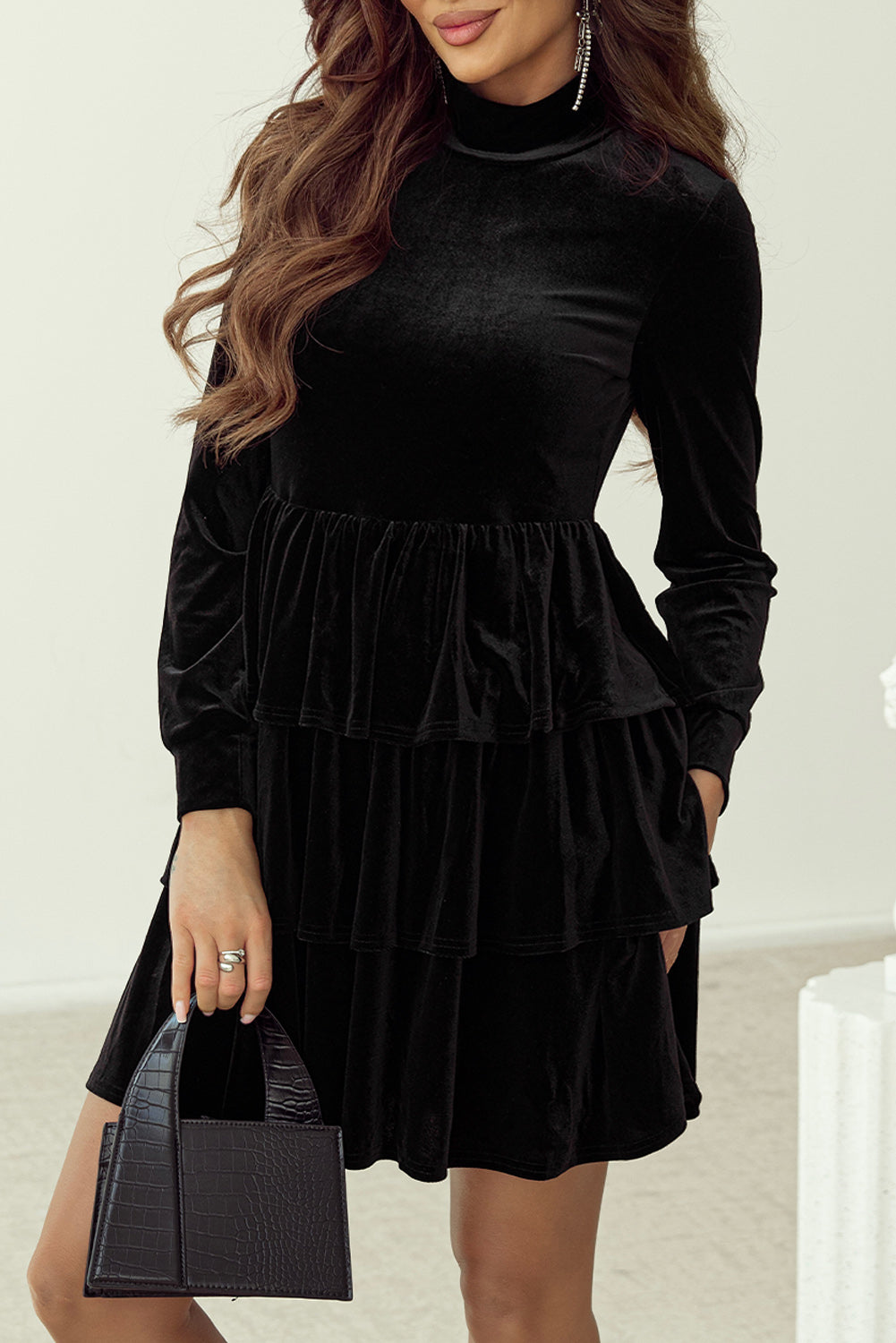 Racing Red Velvet High Neck Tiered Ruffle Mini Dress
