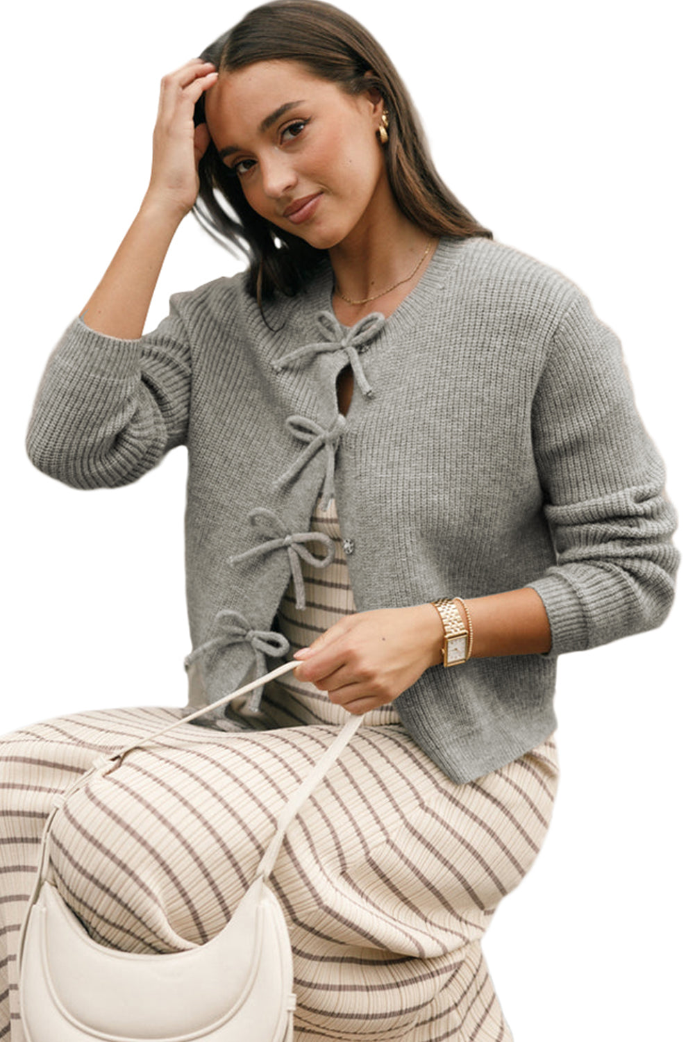 Fiery Red Ribbed Knit Bow Front Buttoned Cardigan