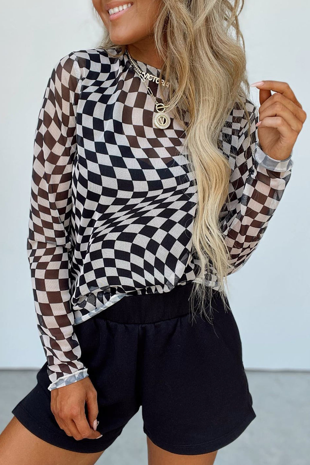 Khaki Checkered Pattern Mesh Mock Neck Long Sleeve Top