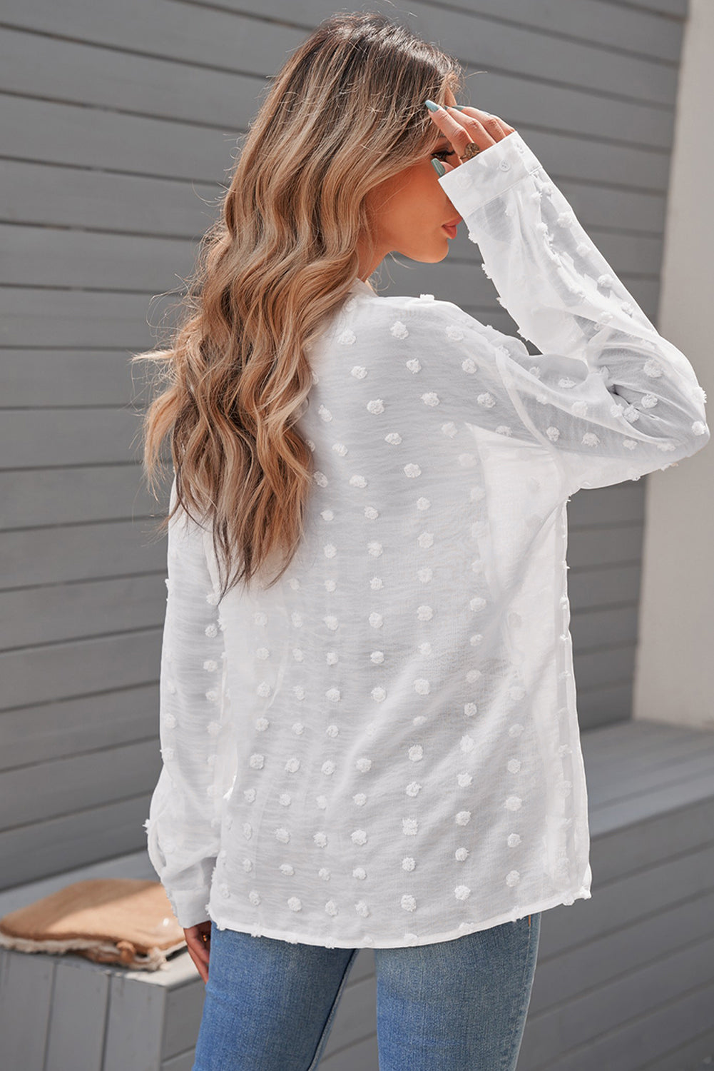 Gray Long Sleeve Button Fuzzy Polka Dot Shirt