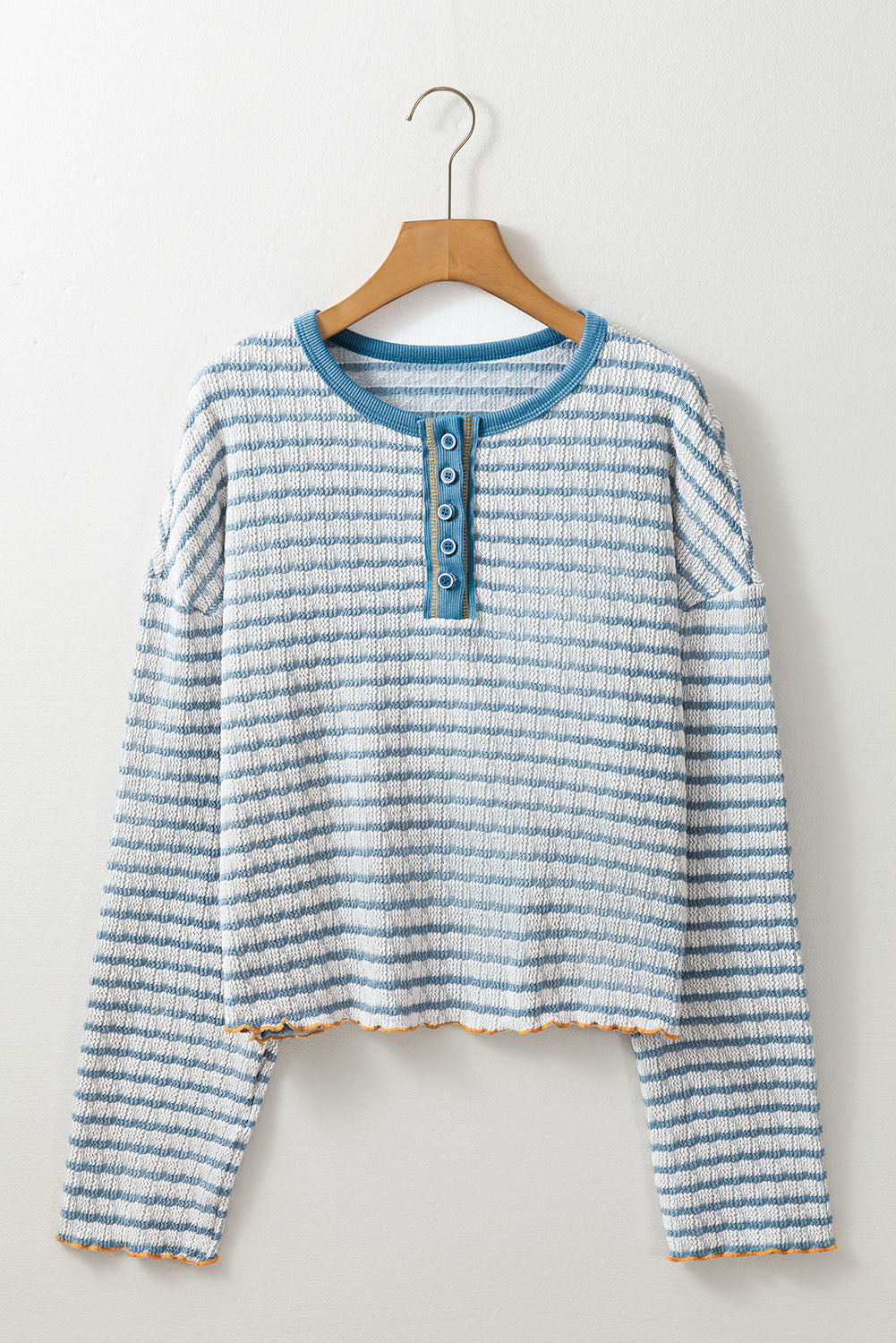 Green Stripe Textured Frilly Trim Buttons Henley Long Sleeve Top