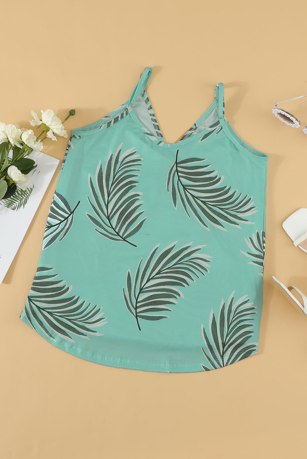 White Tropical Plant Print Tank Top