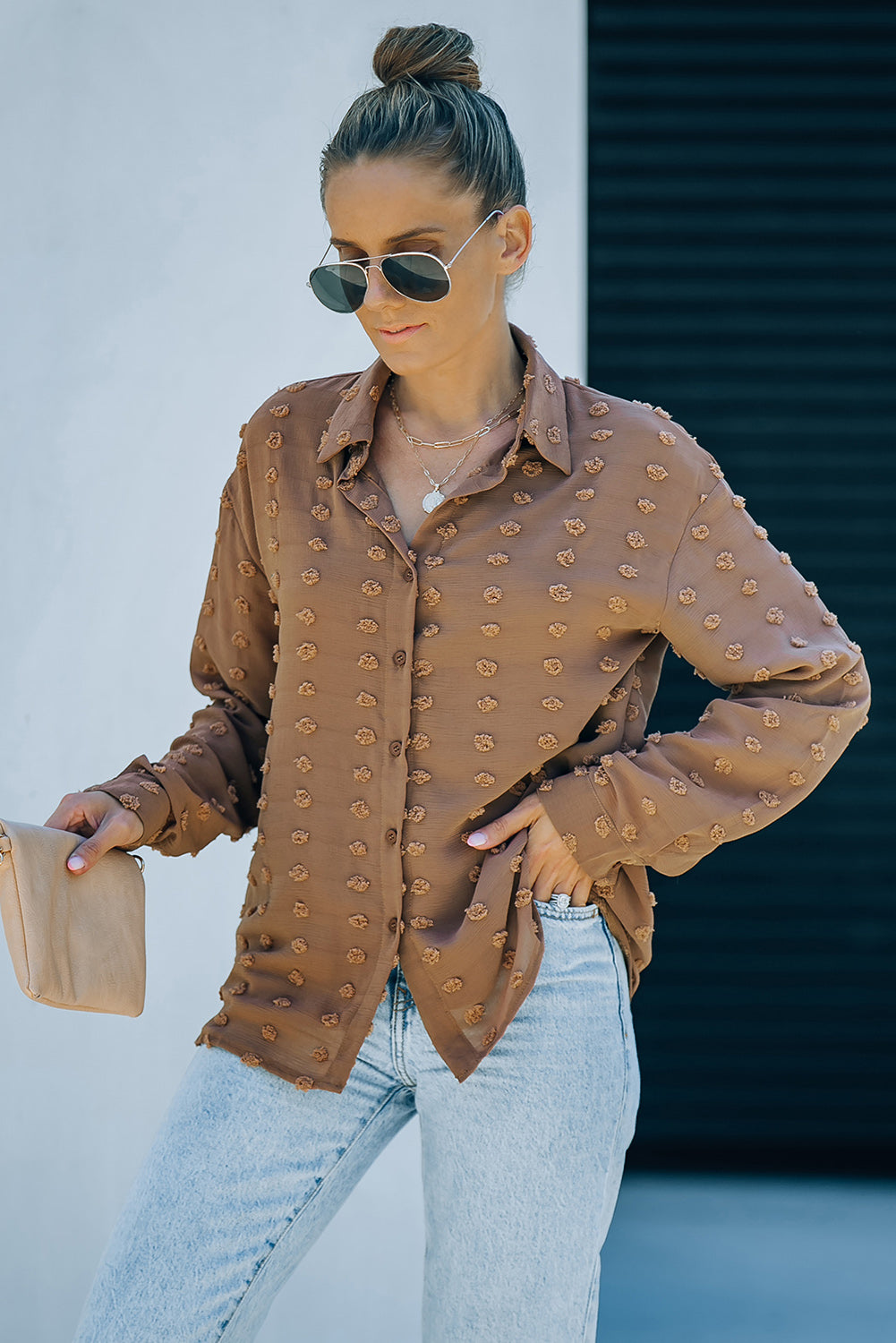 Gray Long Sleeve Button Fuzzy Polka Dot Shirt