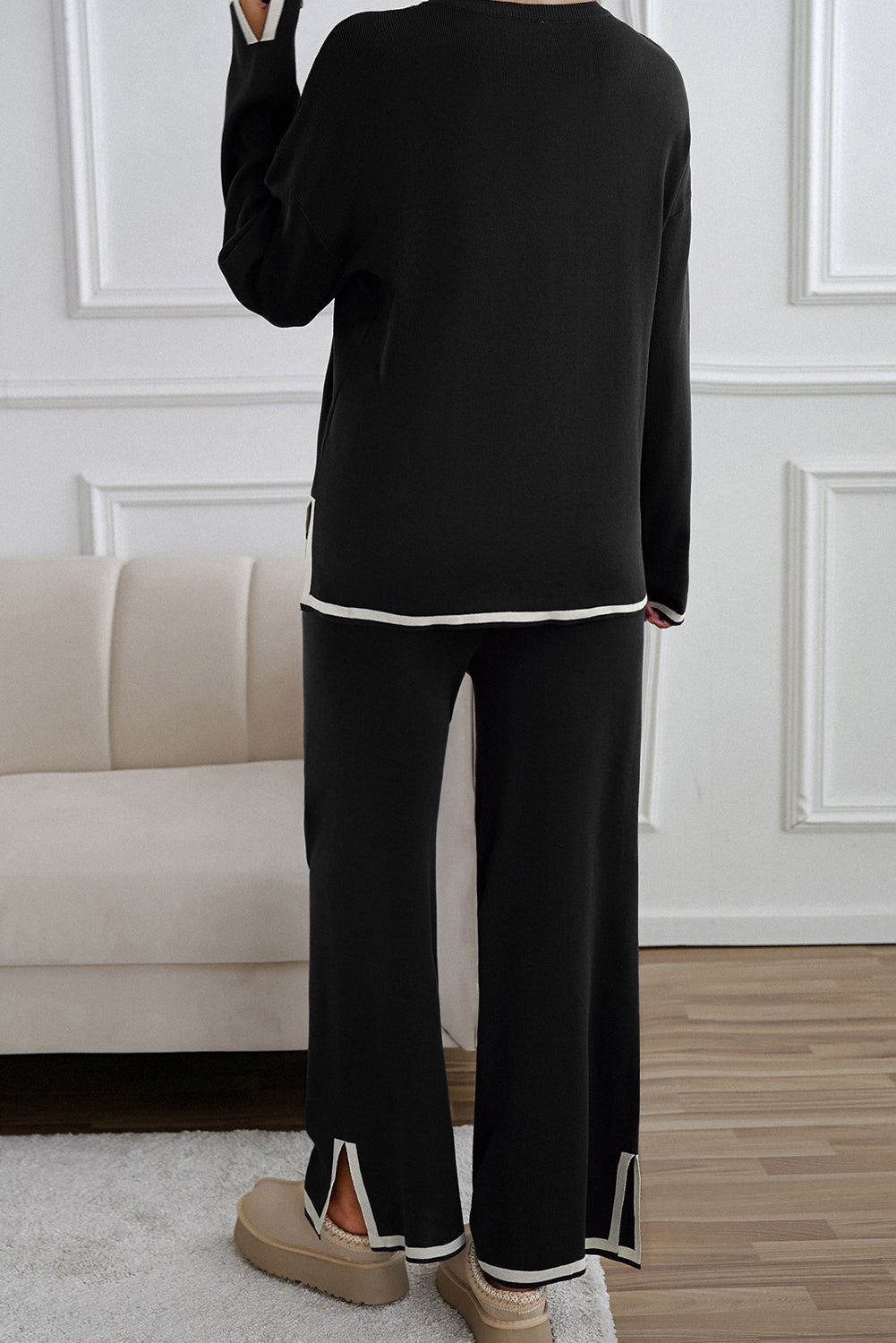Coffee Contrast Trim Split Cuffs Long 2pcs Sweater Outfit Loungewear