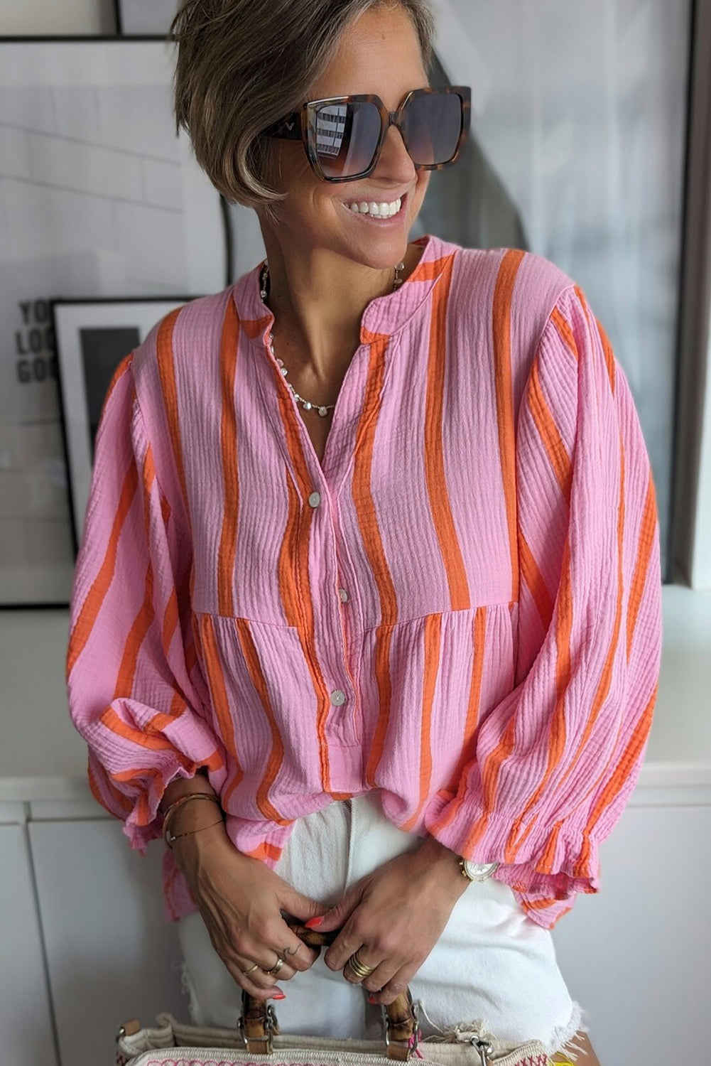 Black Stripe Crinckled Ruffled Sleeve Button up Loose Shirt