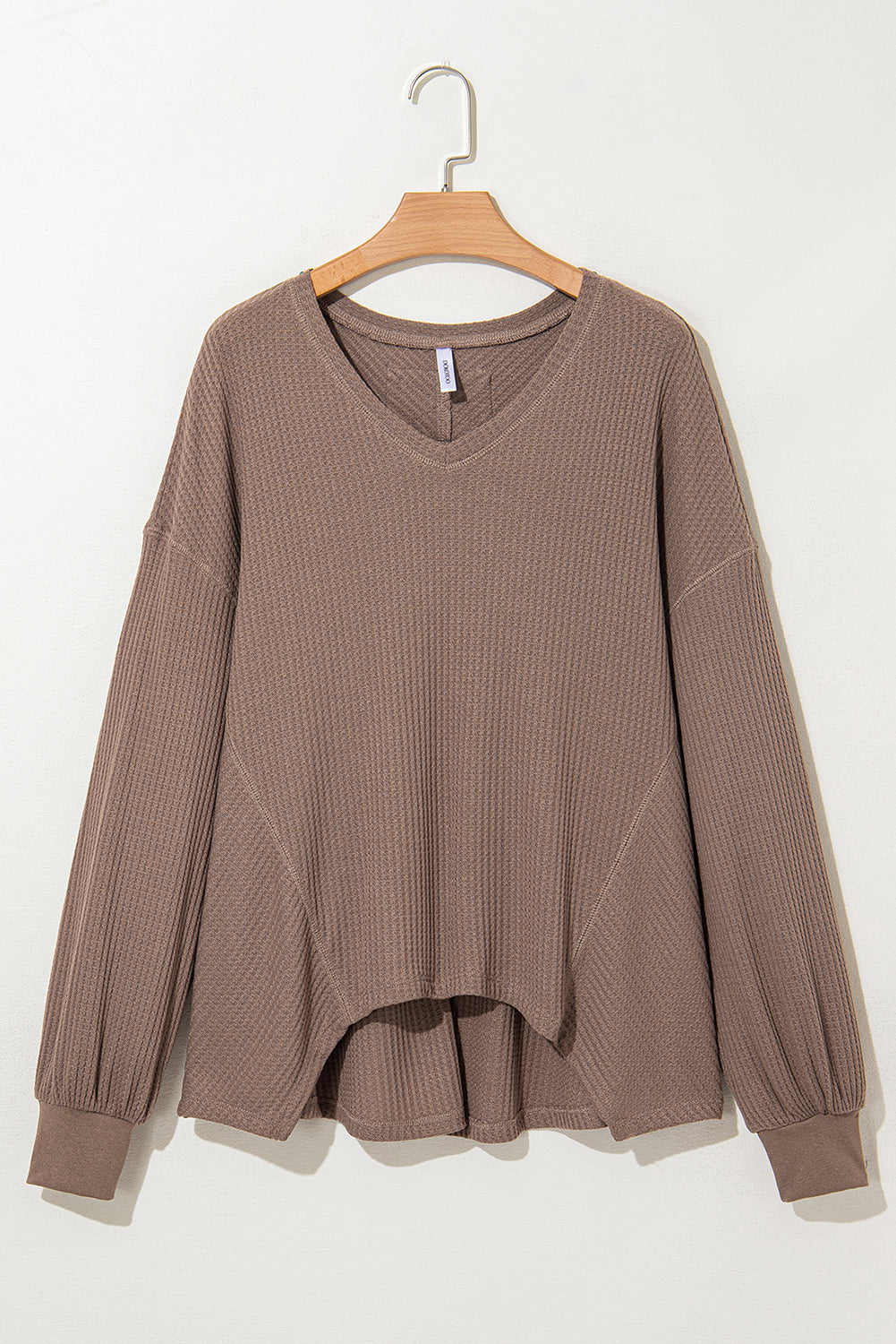 Orchid Petal Waffle V Neck Long Sleeve Drop Shoulder Loose Blouse