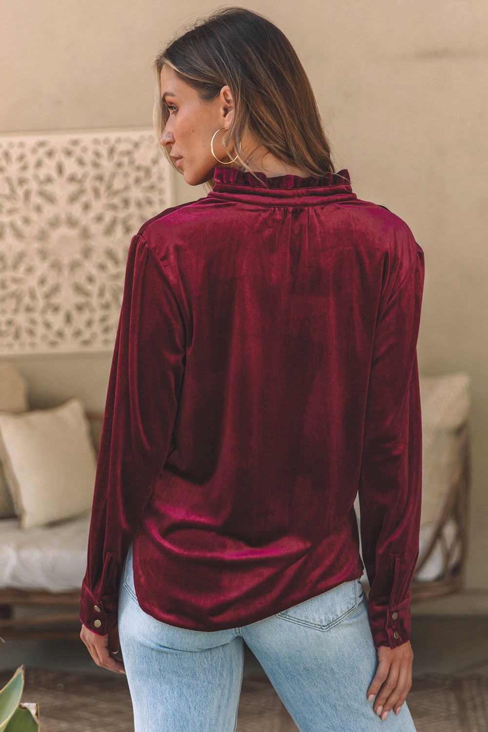 Desert Palm Frilled Neck Buttoned Front Velvet Top