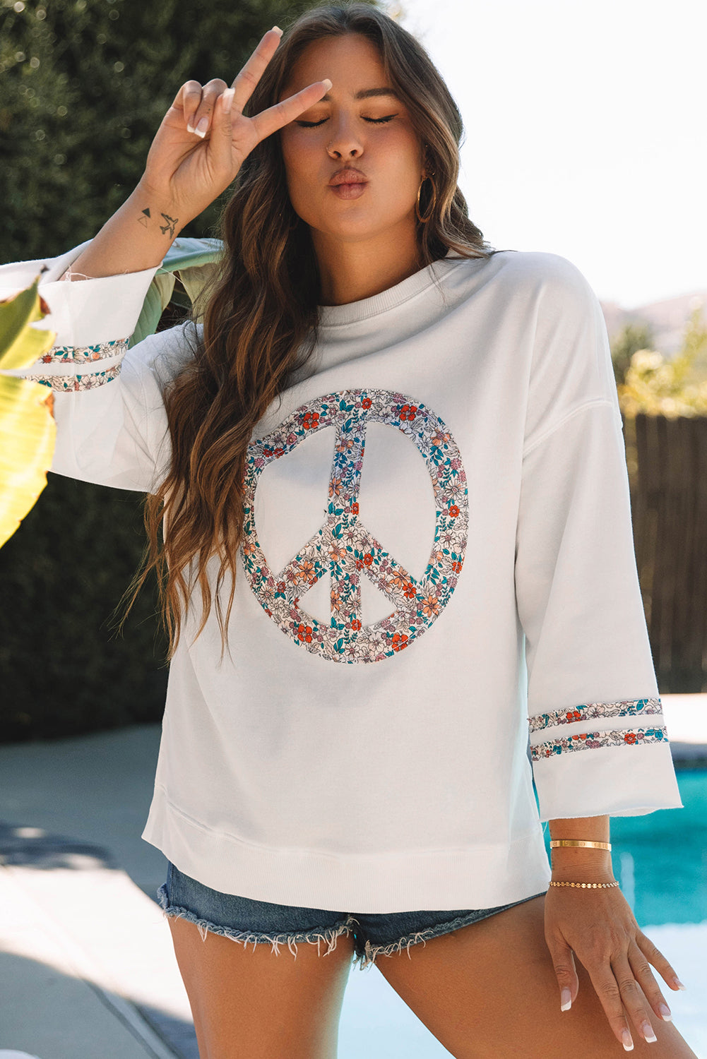 Light Pink Floral Peace Sign Graphic Drop Shoulder Wide Sleeve Casual Top