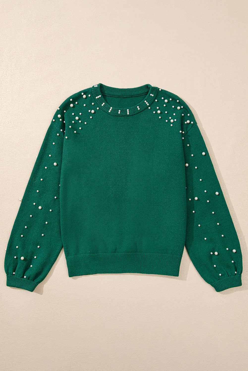 Light Grey Pearled Drop Shoulder Round Neck Sweater