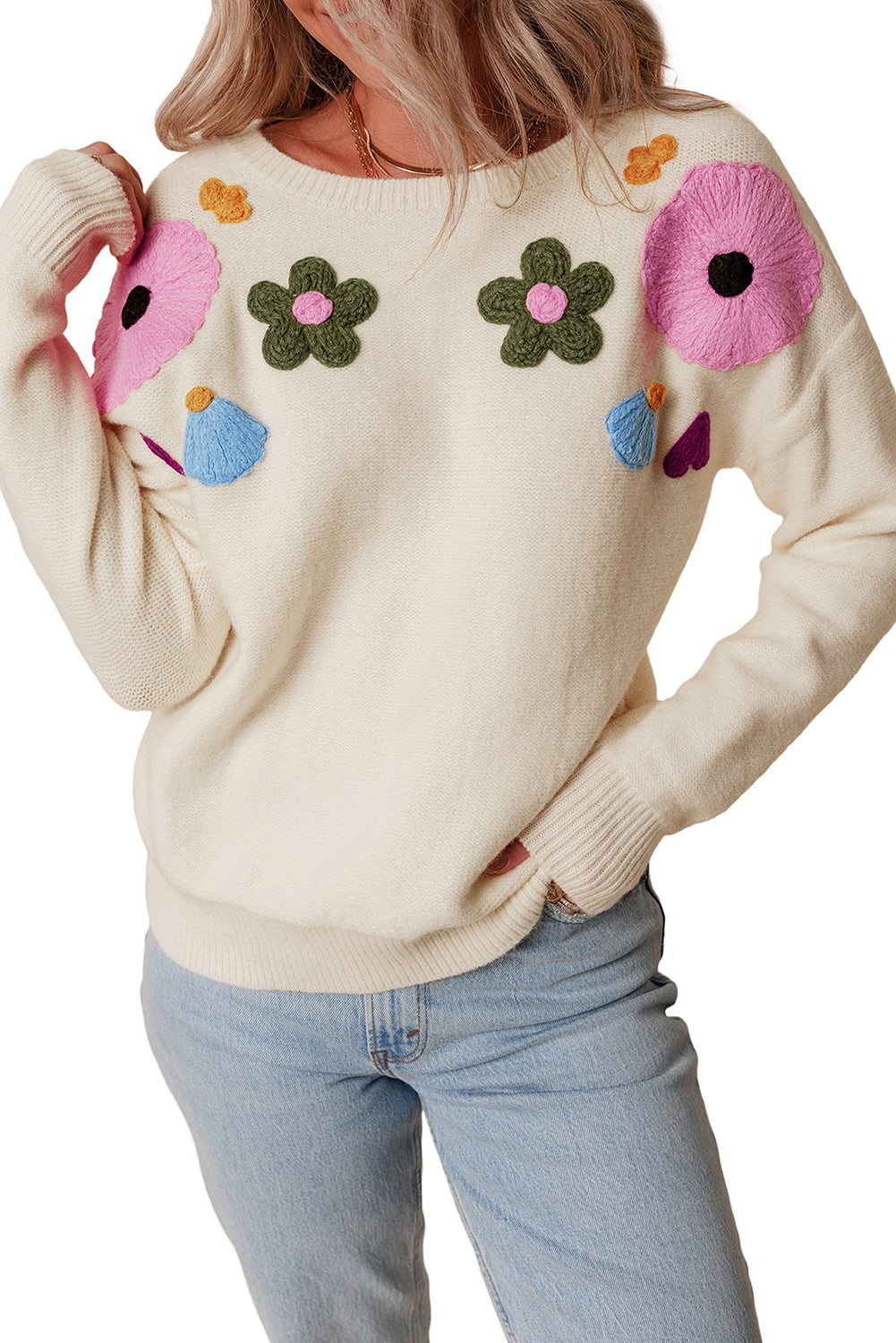Light Blue Knitted Flower Pattern Ribbed Edge Sweater