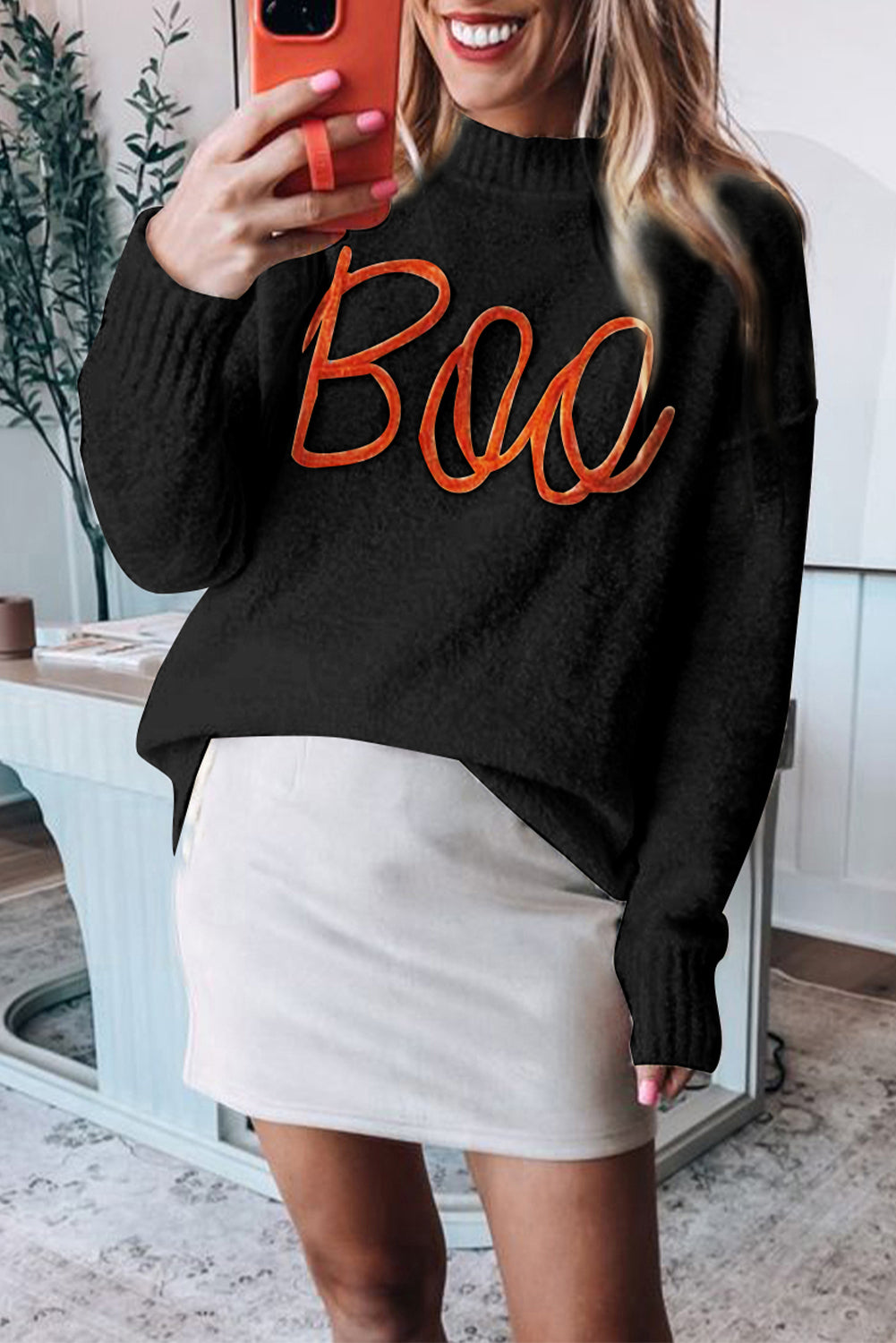 Orange Boo Knitted Pattern Ribbed Edge Drop Shoulder Sweater
