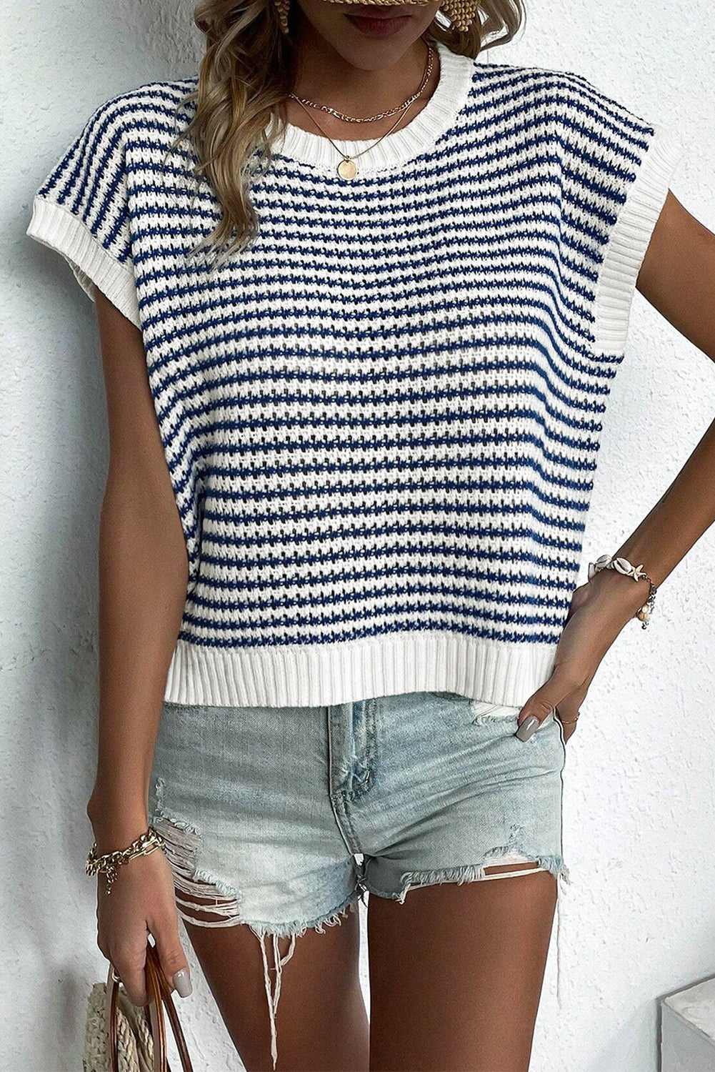 Red Stripe Ribbed Trim Loose Fit Knitted Sweater Vest